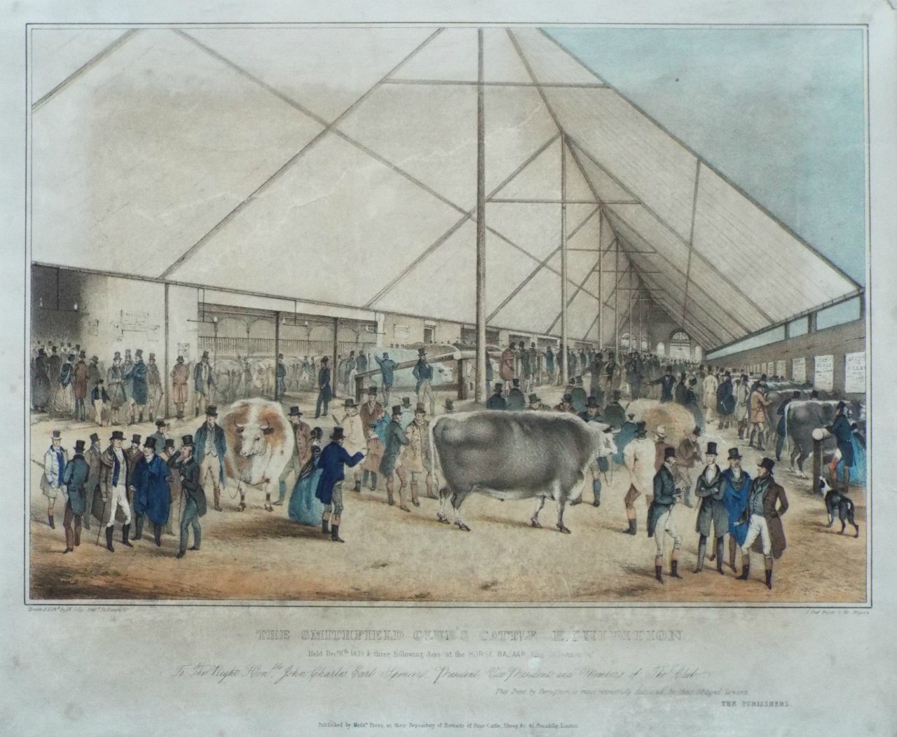 Lithograph - The Smithfeld Club's Cattle Exhibition. Held Decr. 11th 1839 & three following days at the Horse Bazaar, King St. Portman Sqr. - Giles
